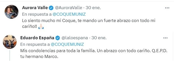 Condolence tweet for the death of Marco Antonio Muñiz, brother of Coque Muñiz