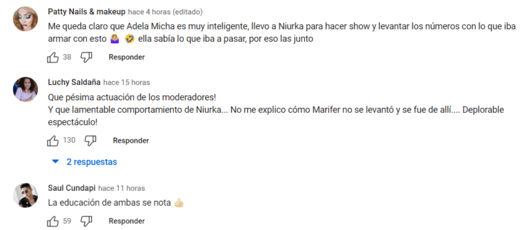 imagen de comentarios en español de YouTube referentes al pleito entre Maryfer Centeno y Niurka