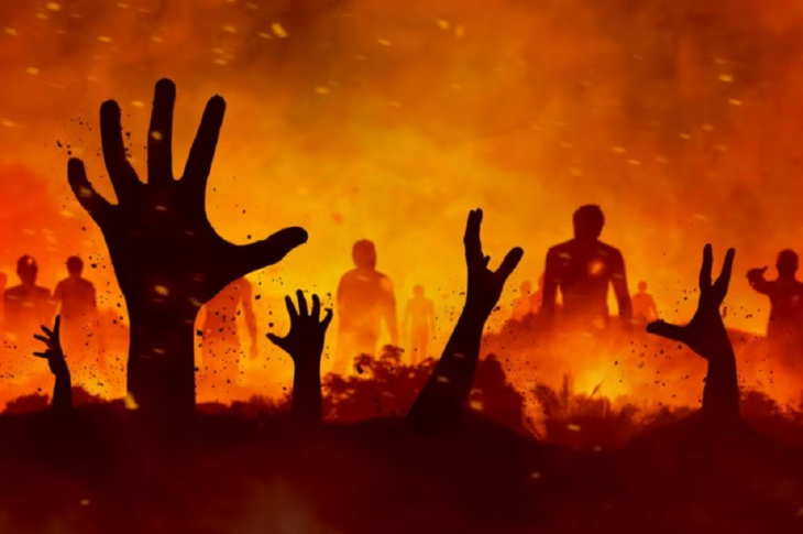una imagen que simula el infierno con manos que se lazan desesperadas entre el fuego y seres humano caminando sin rumbo