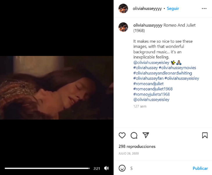 captura de pantalla del Instagram oficial de Olivia Hussey donde aparece una escena de la película Romeo y Julieta de 1968