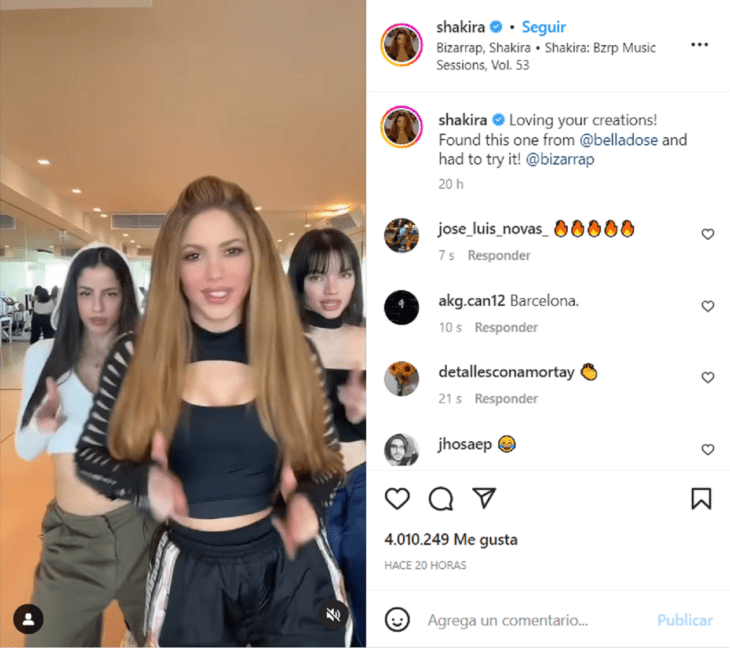 Captura de pantalla del Instagram de Shakira la estrella está bailando una coreografía