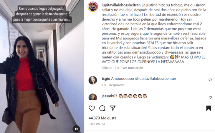 a screenshot of Instagram where a woman appears in a corridor and a written message