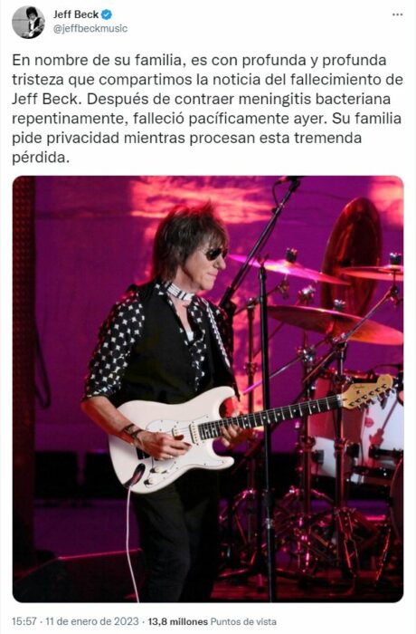 Tweet about the death of Jeff Beck