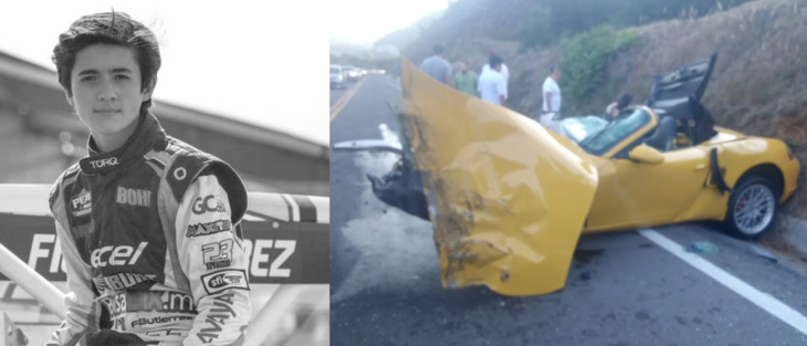 Fico Gutiérrez piloto fallecido y su automóvil amarillo chocado