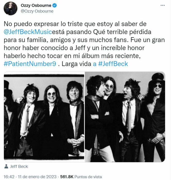 Tweet about the death of Jeff Beck