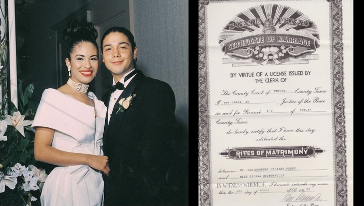 Selena Quintanilla y Chris Pérez en su boda y certificado de matrimonio