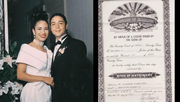 Selena Quintanilla and Chris Pérez at their wedding and marriage certificate