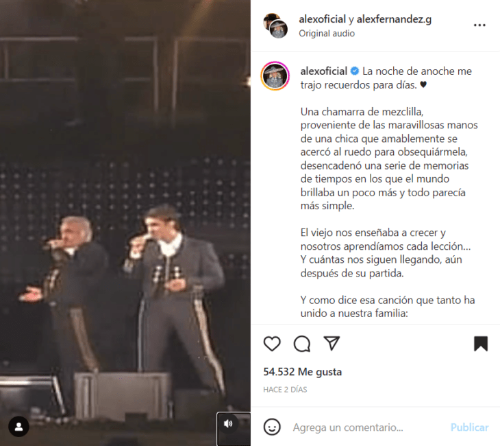 Instagram screenshot where Vicente and Alejandro Fernández appear singing on stage 