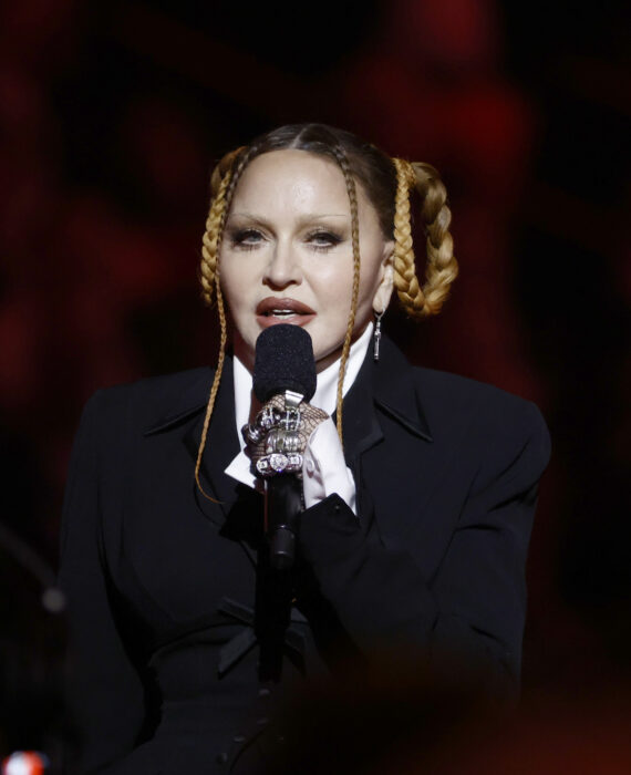 Madonna's face during her speech at the 2023 Grammy Awards