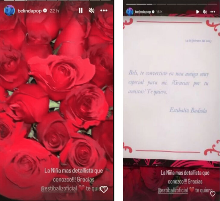 Imagen que muestra las historias de Instagram en las que Belinda muestra las rosas que recibió de Estabiliz Badiola una exnovia de Christian Nodal 