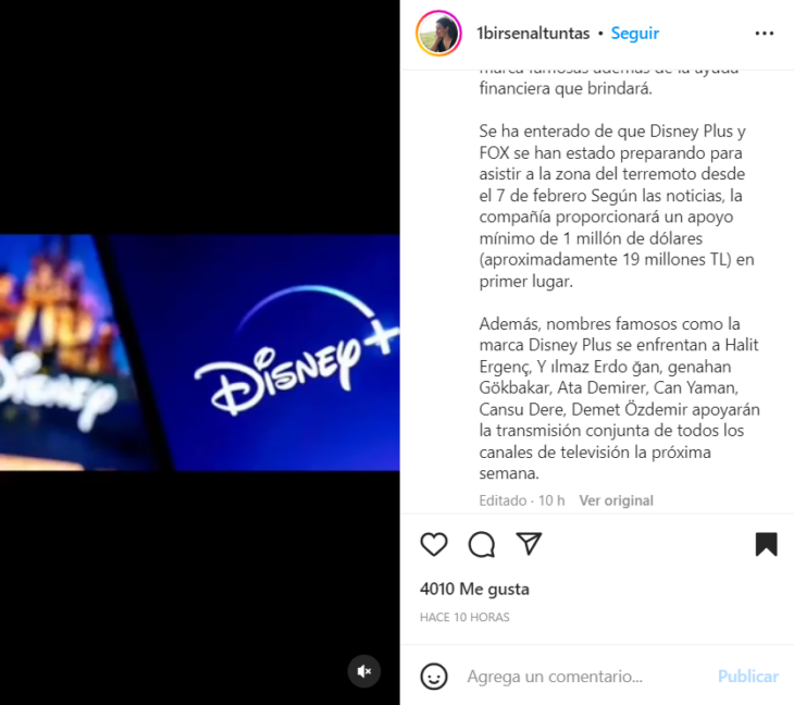 captura de pantalla de la red social de Instagram con texto traducido al español