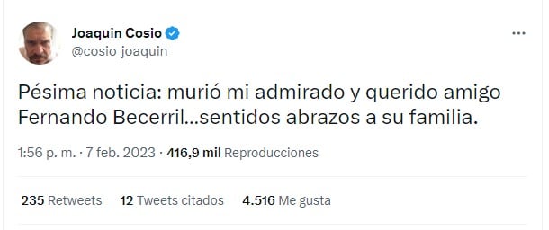 tuit de Joaquín Cosío sobre la muerte de Fernando Becerril