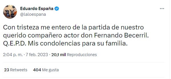 tuit de Lalo España sobre la muerte de Fernando Becerril