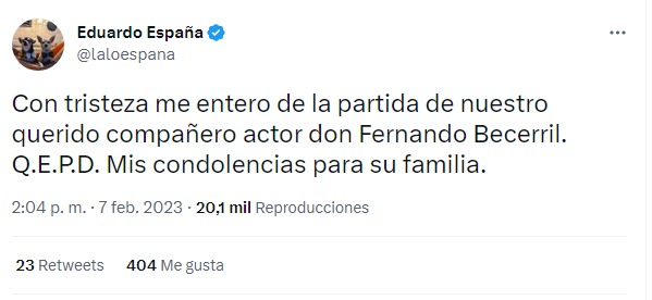 tuit de Lalo España sobre la muerte de Fernando Becerril