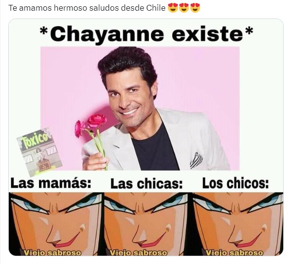 meme de Chayanne con unas flores en la mano mientras que un personaje de Goku dice que es un viejo sabroso 