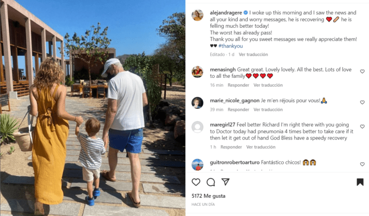 Instagram image where Richard Gere appears walking in a beach hotel with his wife Alejandra and one of their young children