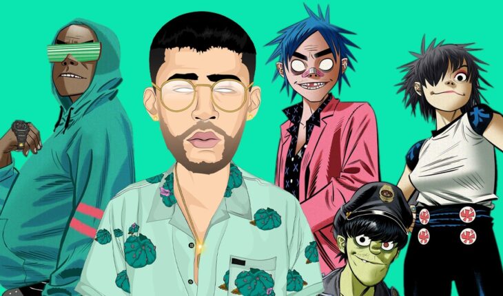 Ilustración muestra a los integrantes de la banda virtual Gorillaz junto a Bad Bunny 