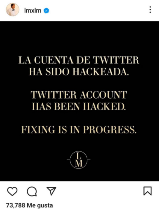 mensaje publicado en las redes sociales del cantante Luis Miguel
