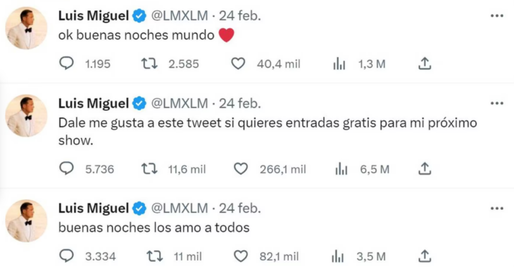 Twits falsos que publicaron hackers en la cuenta oficial del cantante Luis Miguel