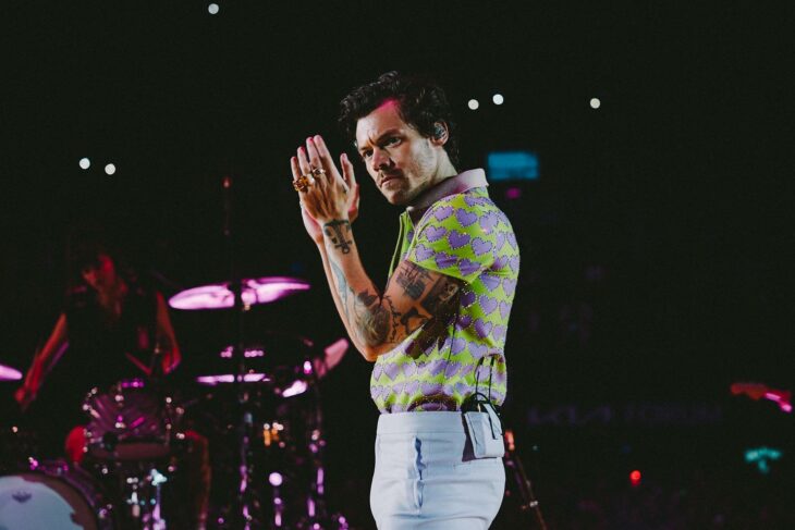 Harry Styles en concierto con camisa de corazones verdes