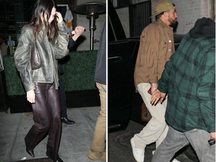 imagen dividida en dos donde muestra a Bad Bunny y a KEndall Jenner saliendo de un restaurante juntos 