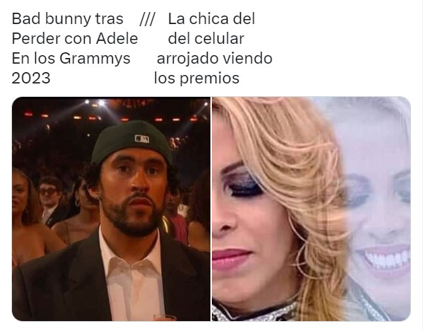 meme of Bad Bunny's reaction after losing the Grammy award against Adele 