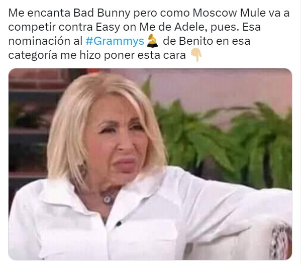 meme sobre la reacción de Bad Bunny al perder contra Adele con la cara de Laura Bozzo