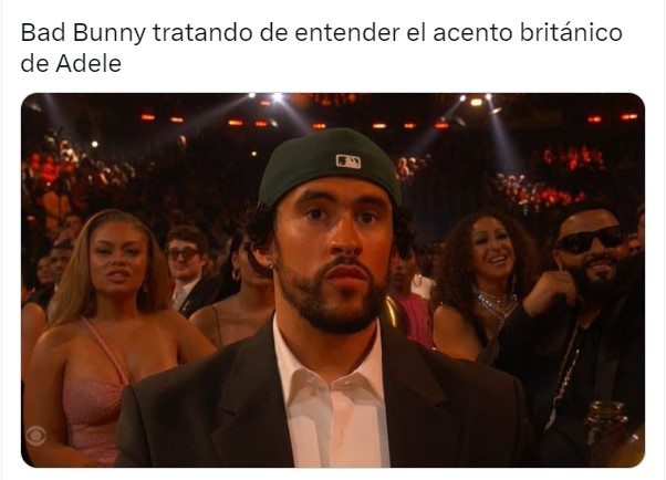 meme of Bad Bunny's disgusted face after losing a grammy against Adele 