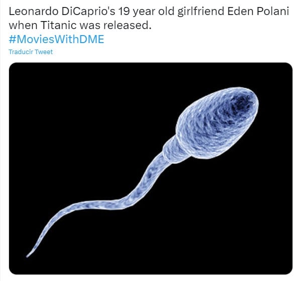 imagen de un espermatozoide como meme sobre la relación de Leonardo DiCaprio con su nueva novia de 19 años