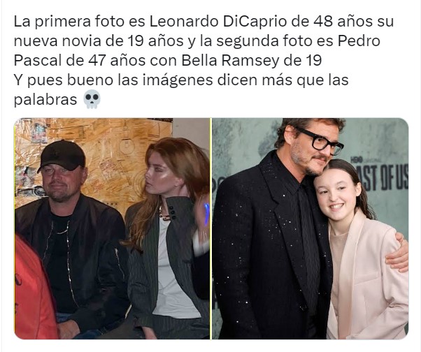 imagen comparativa de Leonardo DiCaprio junto a la modelo de 19 años y Pedro Pascal junto a Bella Ramsey