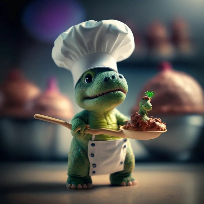 ilustración de un dinosaurio bebé disfrazado de chef 