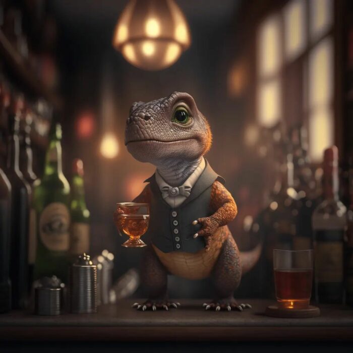 imagen de un dinosaurio bebé vestido de la profesión de Bartender 