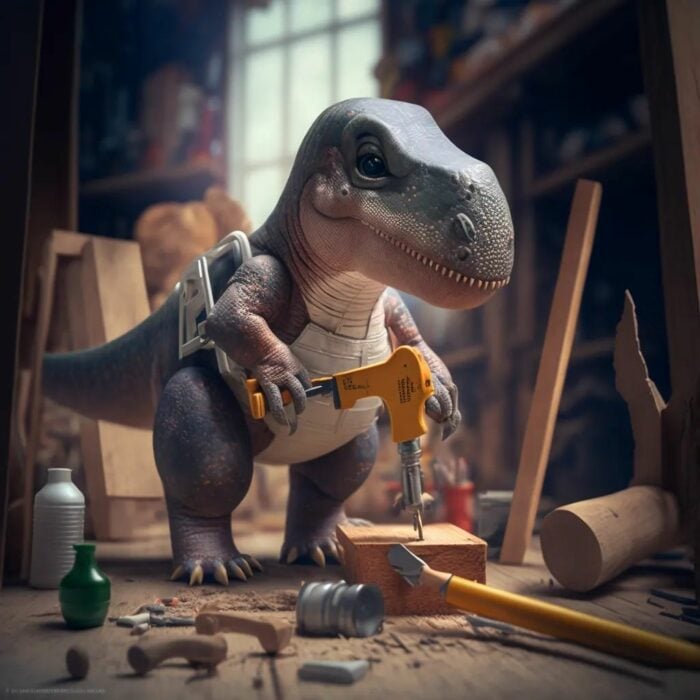 ilustración de un dinosaurio interpretando el oficio de un carpintero 