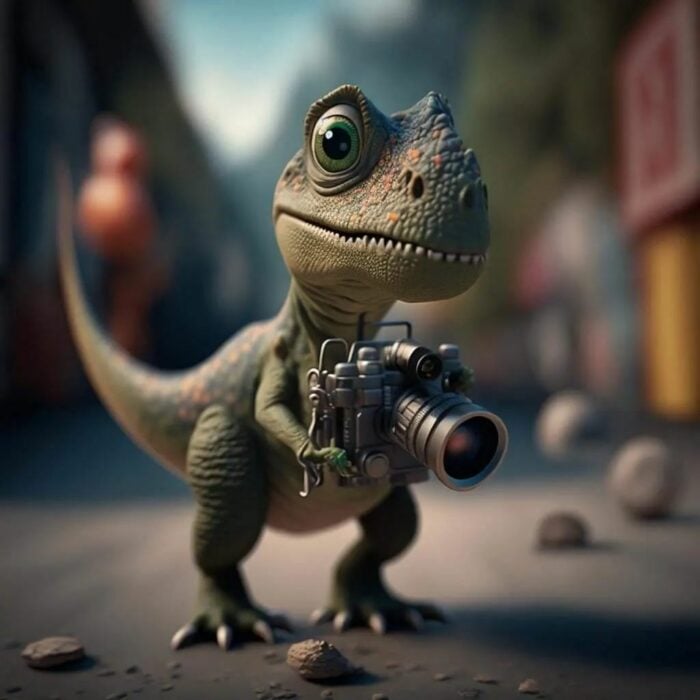 ilustración de un dinosaurio bebé con una cámara fotográfica en sus manos 