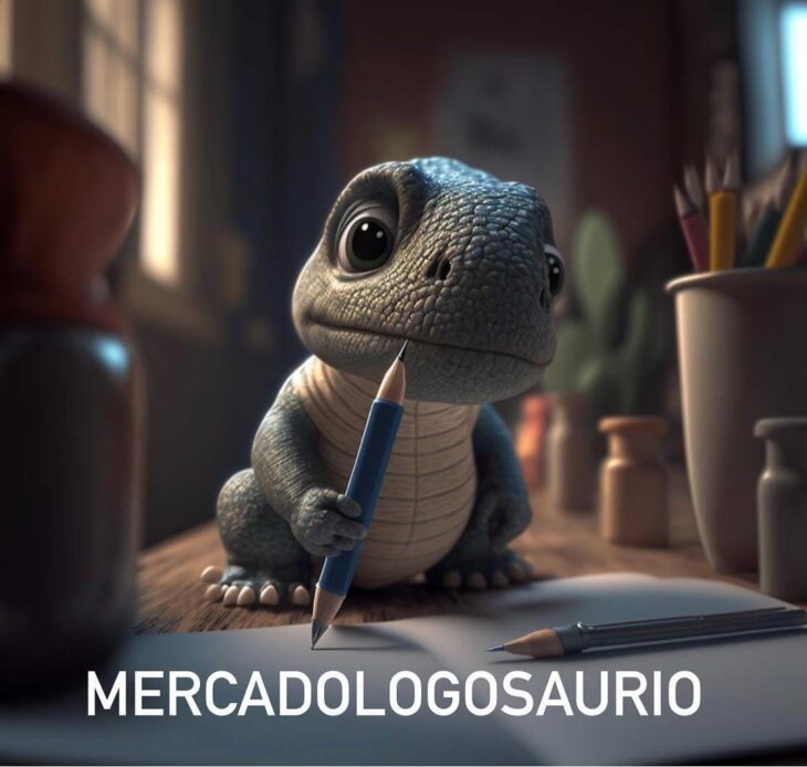 ilustración de un dinosaurio bebé con un lápiz en la mano escribiendo en una libreta 