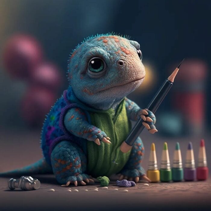 ilustración de un dinosaurio bebé disfrazados de un artista con algunos colores 