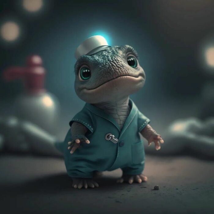 ilustración de un dinosaurio bebé disfrazado de enfermera 