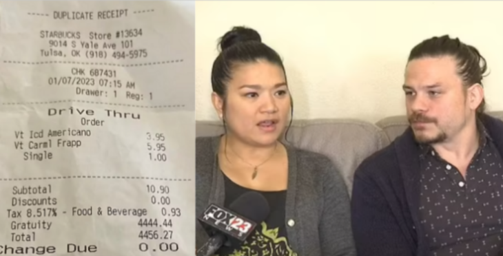 dos imágenes en una se ve un ticket de compra de la cadena Starbucks en la otra una pareja de esposos son entrevistados por Fox News