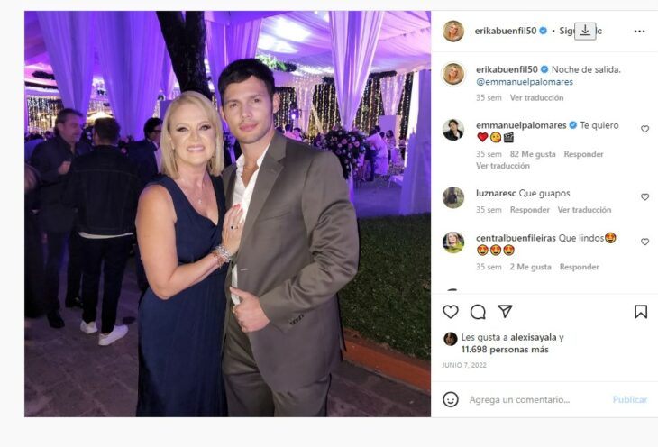 captura de pantalla de una publicación de Erika Buenfil posando a lado del actor Emmanuel Palomares 
