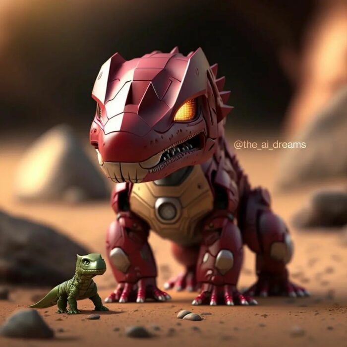 ilustración de un dinosaurio con las características de Iron Man 