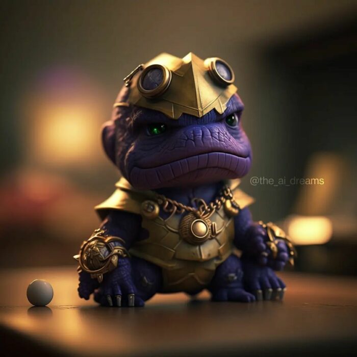 dinosaurio simulando ser Thanos del universo cinematográfico de MARVEl 