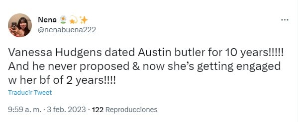 captura de pantalla de un tuit de una chica que reaccionó al compromiso de Vanessa Hudgens con su novio Cole Tucker 