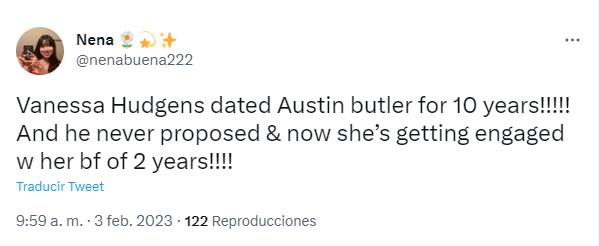 captura de pantalla de un tuit de una chica que reaccionó al compromiso de Vanessa Hudgens con su novio Cole Tucker 