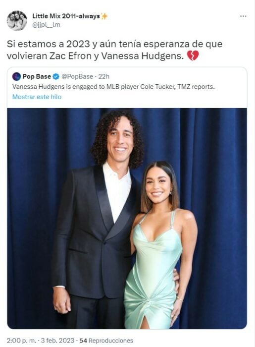 meme sobre la fotografía de Vanessa Hudgens junto a su prometido Cole Tucker con la esperanza de que vuelva con Zac Efron 
