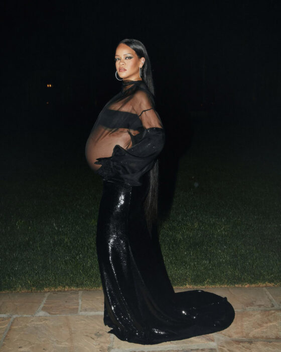 Rihanna posando con un vestido negro con transparencia frente a un jardín en la noche 