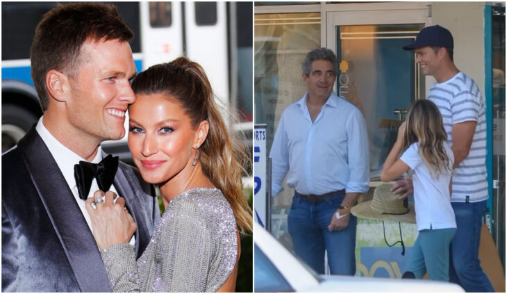 Tom Brady y Gisele Bündchen abrazados de frente/Gisele Bündchen, Jeffrey Soffer y Tom Brady platicando en la calle 