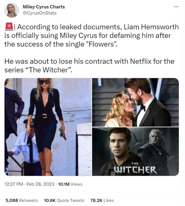 Tuit que reporta que Liam Hemsworth demandaría a Miley Cyrus por difamación luego de su éxito Flowers