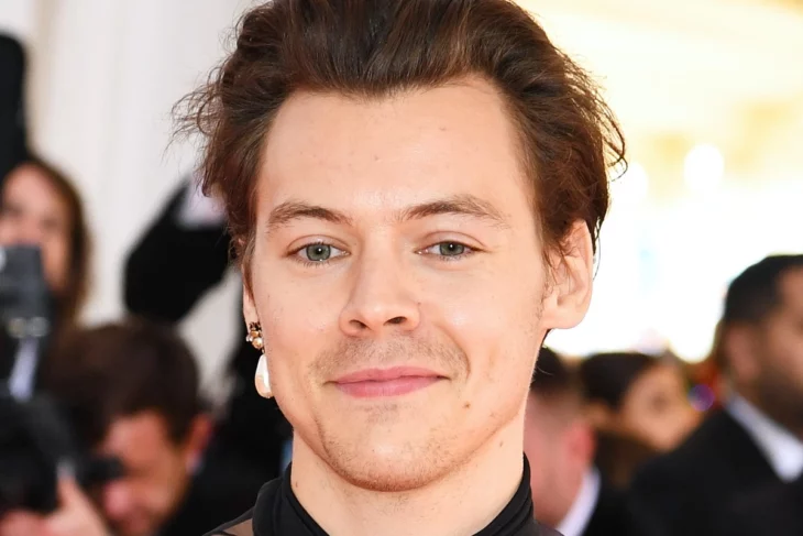 Harry Styles hace una mueca de sonrisa mientras mira hacia abajo está en un evento rodeado de gente