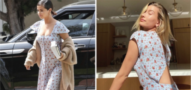 Selena Gómez y Hailey Bieber luciendo un vestido idéntico