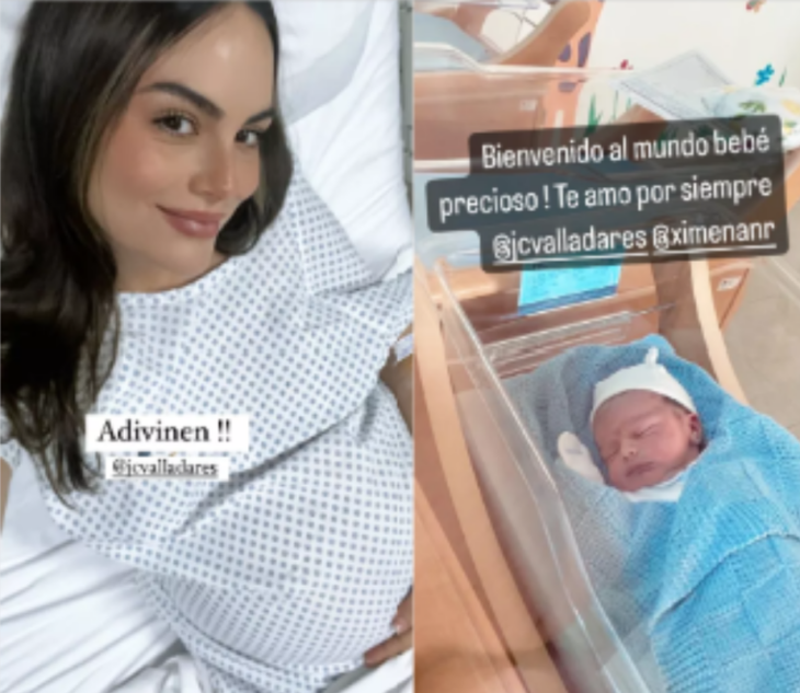 dos imágenes en la primera aparece Ximena Navarrete mirando a la cámara con ropa de hospital en la segunda esta puesto en un cunero su bebé recién nacido